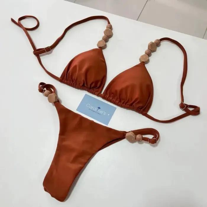 Boho Chic deux pièces ensemble de Bikini avec détails en pierre couleur unie taille haute maillot de bain vacances plage porter maillot de bain femmes