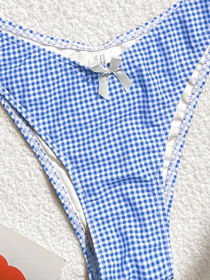Maillot de bain deux pièces imprimé à carreaux bleus pour femmes