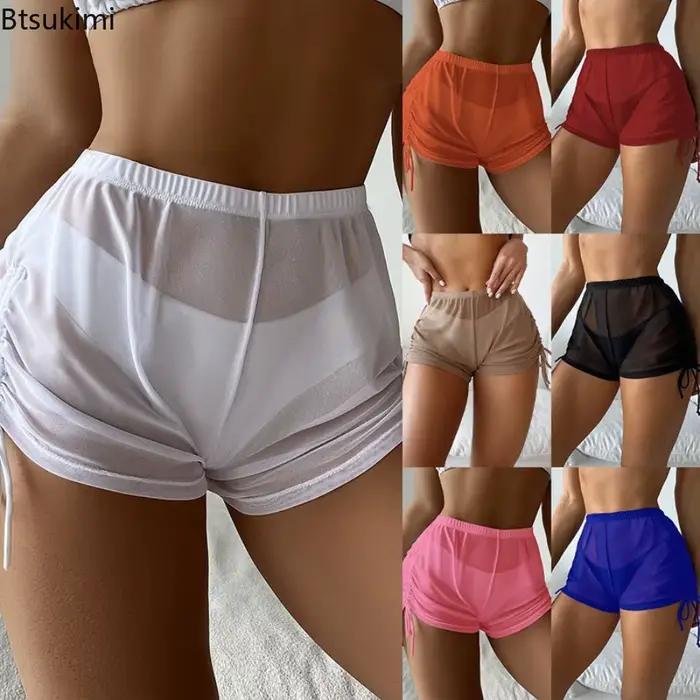Transparent Sexy plage Shorts couverture maille maillots de bain femme cordon maillot