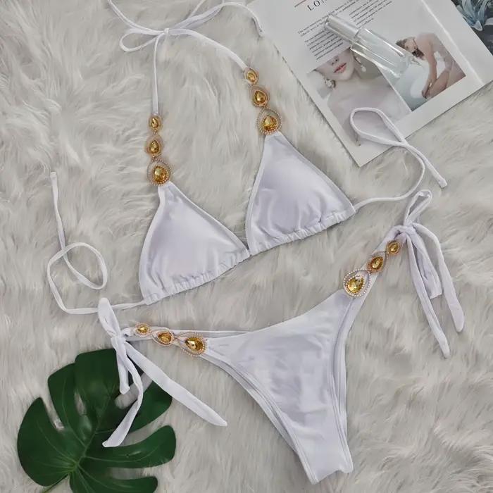 DEKA Ensemble de bikini sexy à chaînes métalliques et diamants, maillot de bain brillant en strass pour femme