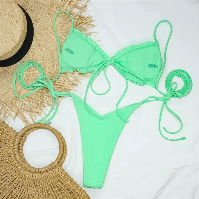 Sexy fronde Bikini Micro String extrême maillot de bain rose Bikinis ensemble