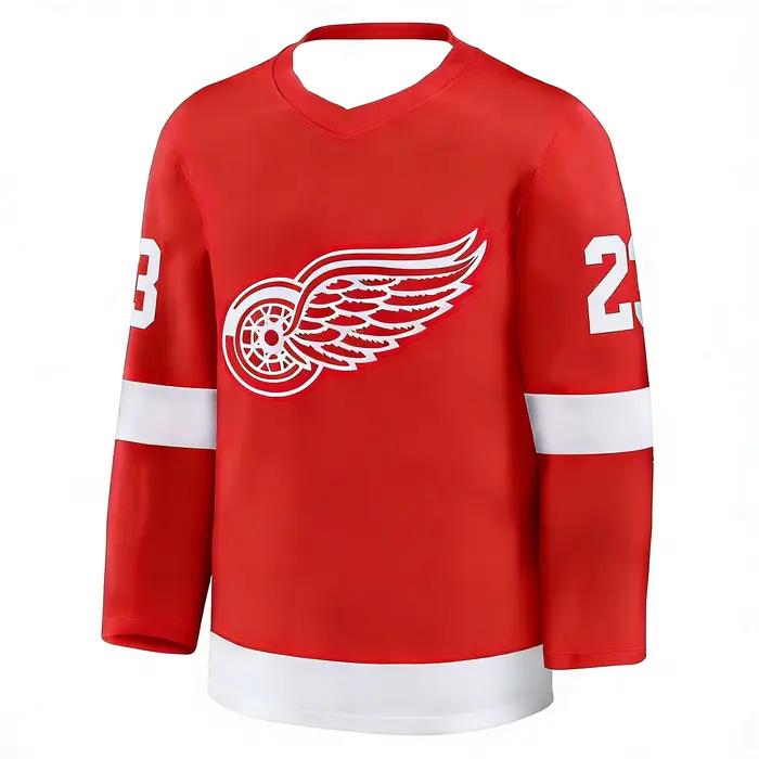 Maillot de hockey 2026 Rouge/Blanc avec l'icône emblématique de la roue ailée # Vêtements à manches longues avec 23 logos rayés pour les fans et les collectionneurs, impression 3D HD