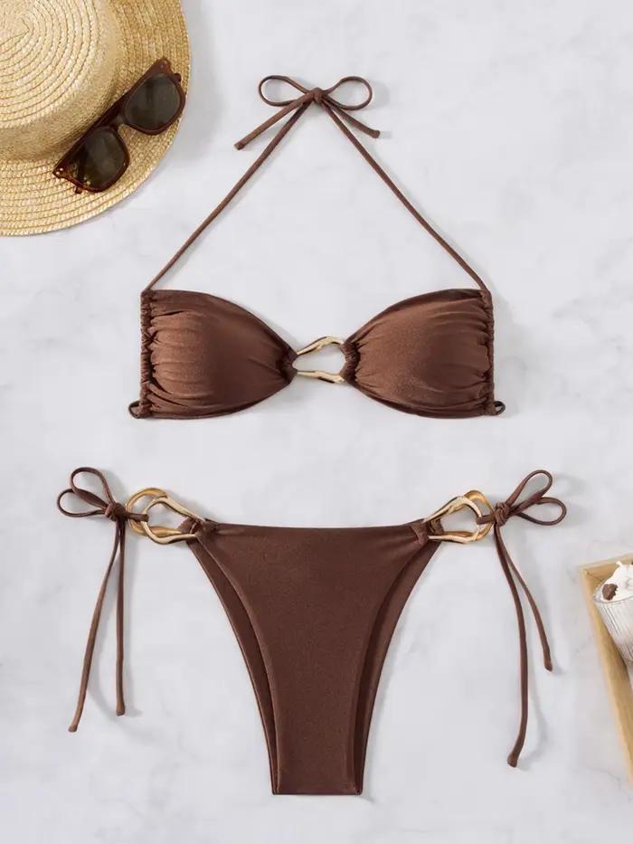 Sexy noir café Bikini ensemble 2025 femmes métal ornement évider Push Up soutien-gorge string maillot de bain été