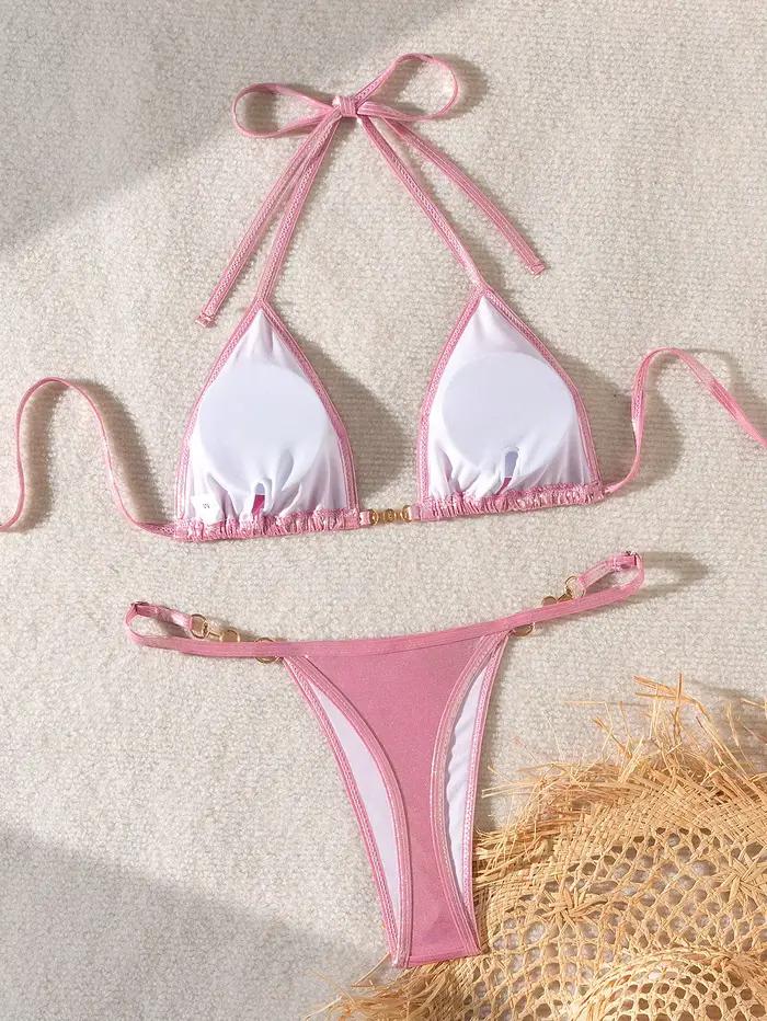 Bikini string de luxe en perles 2026 pour femme, soutien-gorge push-up rose brillant, micro maillot de bain brésilien, maillot de bain triangle pour la plage