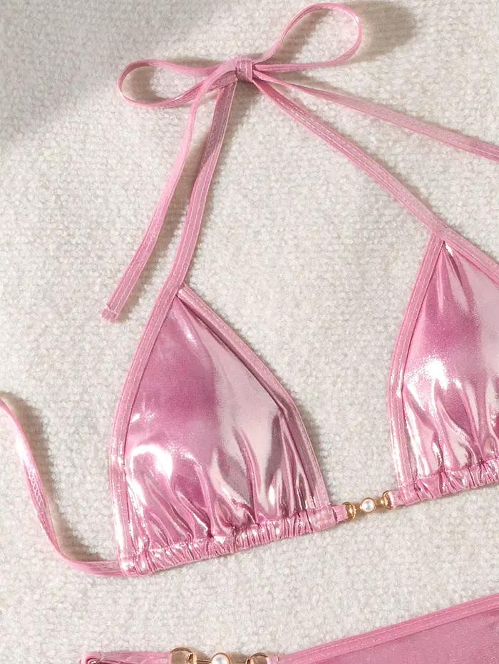 Bikini string de luxe en perles 2026 pour femme, soutien-gorge push-up rose brillant, micro maillot de bain brésilien, maillot de bain triangle pour la plage