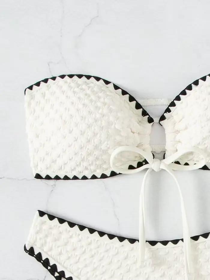 Maillots de bain blanc 2 pièces maillot de bain sans bretelles pour femmes Sexy Bandeau dos nu Bikini ensemble à lacets Patchwork maillot de bain 2025 nouveau
