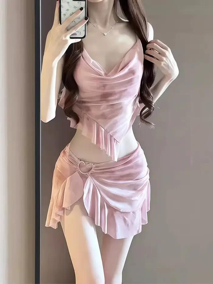 Nouvel ensemble de bikini rose pour femme de style coréen avec volants dégradés