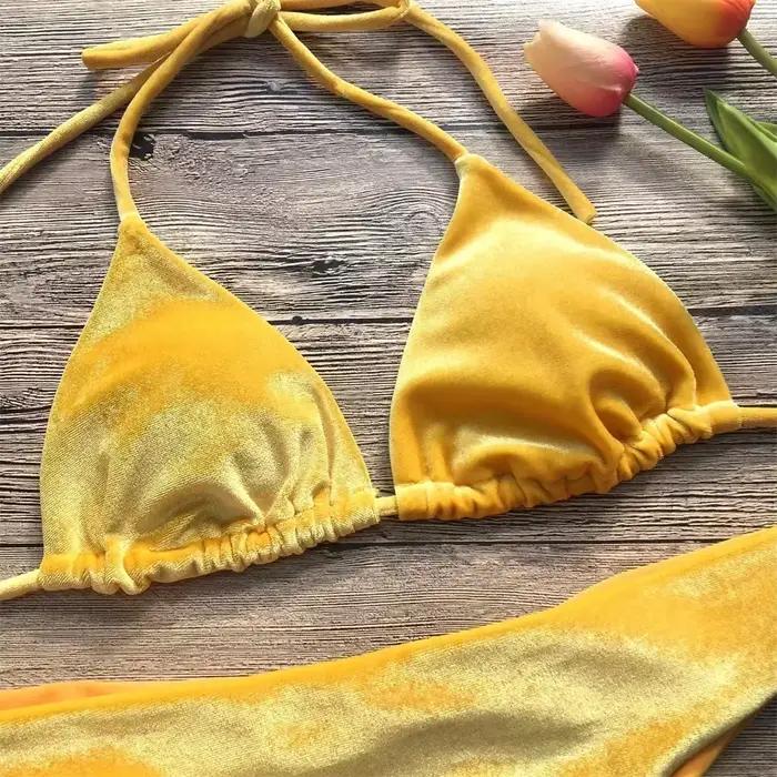 Bikini vintage velours pour femme, ensemble 2 pièces avec lacets, maillot de bain dos nu à col licou, pour plage, mariage et vacances