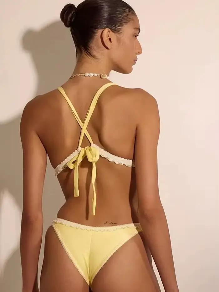 Bikini triangle à col halter pour femmes, maillot de bain sexy, biquini à lacets, maillot de bain féminin pour les vacances, vêtements de plage