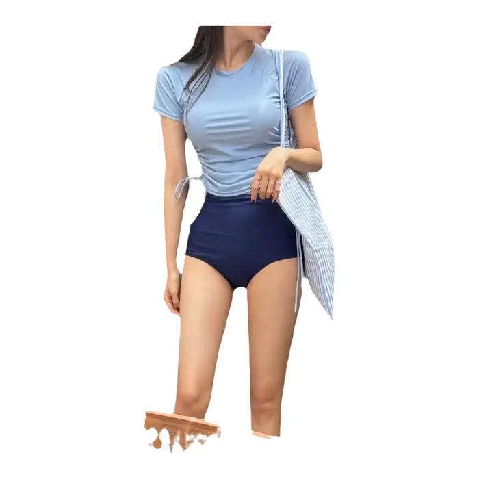 Maillot de bain deux pièces taille haute sportif amincissant shorty color block à demi-manches en nylon thermique pour femmes occasions de nage et de plage