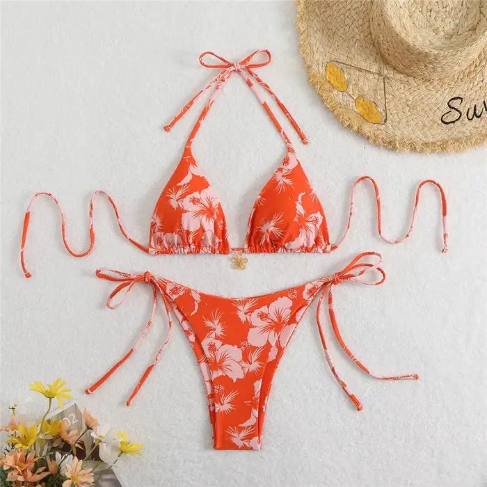 Bikinis sexy rose rouge imprimé fleurs pour femmes ensemble de maillots de bain plage été 2025 tricoter polyesters nylon