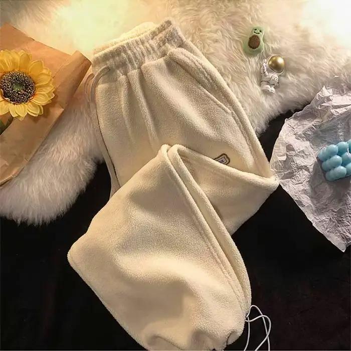 Pantalon de survêtement thermique taille haute pour femme, optique Smile, laine d'agneau, vêtements d'extérieur FjOuter, chaud, velours doux, pantalon femme, hiver, 2024