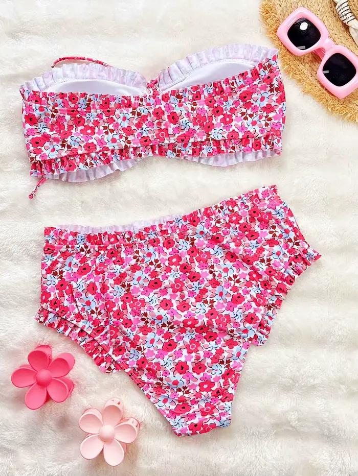 Imprimé fleuri Bandeau deux pièces Bikini ensemble épaules nues femme maillot de bain taille haute plissé pansement