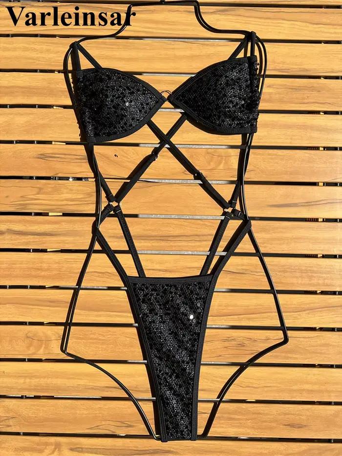 Maillot de bain une pièce micro string à paillettes brillantes pour femme