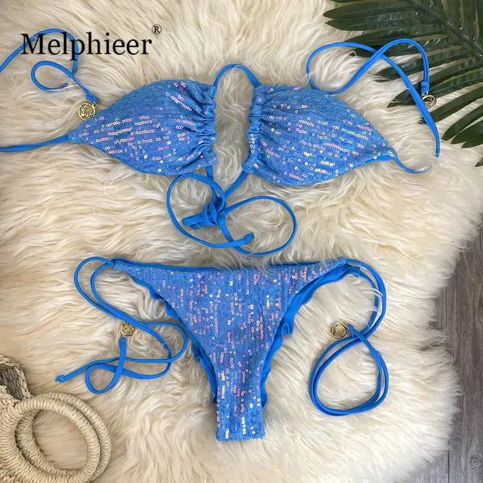 Melphieer Lady's Sparkle 2 pièces Bikini ensemble été Style paillettes Bikinis femmes 2025 plage piscine Club maillot de bain nouvelles tenues de vacances