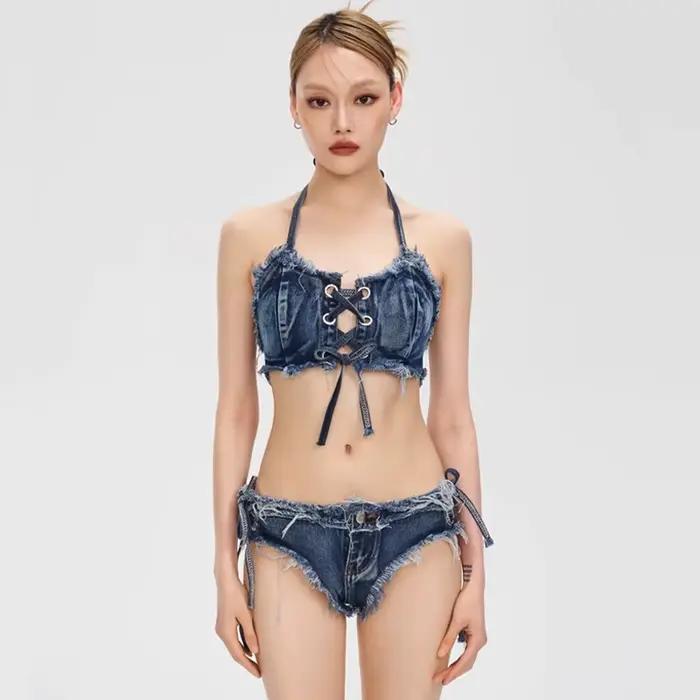 Maillot de bain bikini en jean deux pièces pour femme