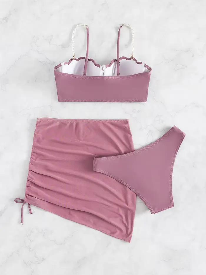 Ensemble de maillot de bain 3 pièces pour femme, style de plage, polyester élasthanne, cou de corde, coquille St Jean, push-up, soutien-gorge sans armature, bikini solide, animal de compagnie, été 2025, nouveau