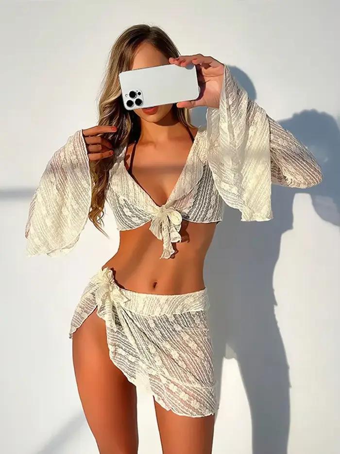 Maille Bikini quatre pièces ensemble pour femmes Lingerie Sexy à lacets Transparent hanche paquet jupe tenues 2025 été