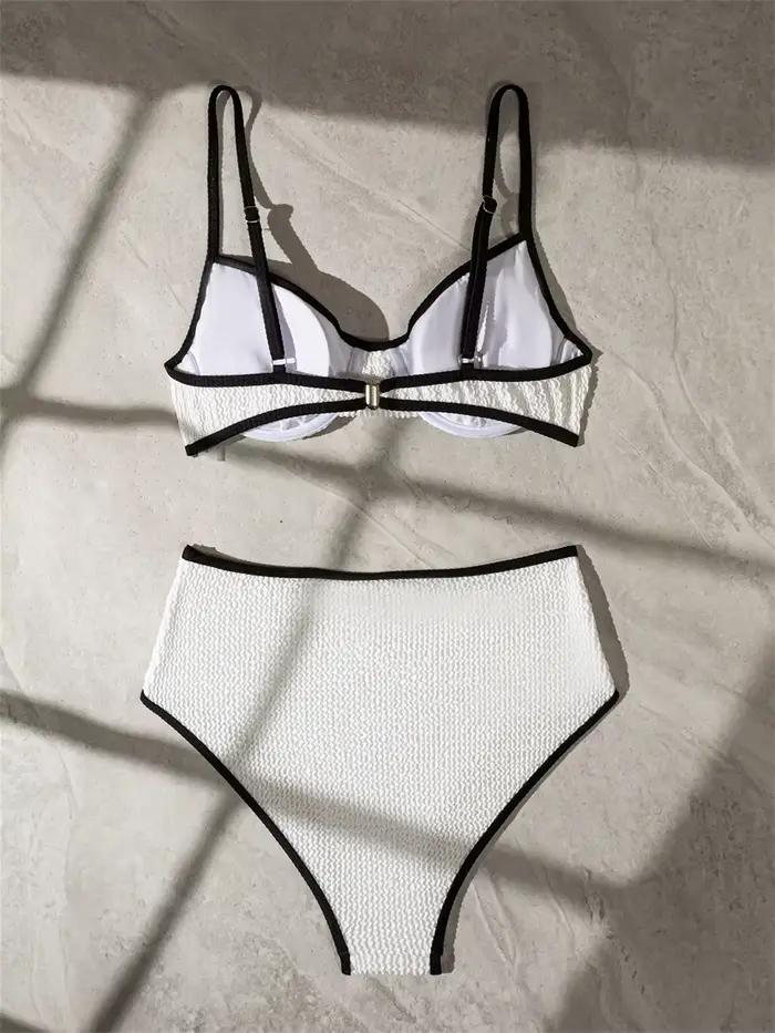 Sexy taille haute Bikini blanc maillot de bain bordure noire plage Bikinis Push Up femmes dos nu côtelé vacances
