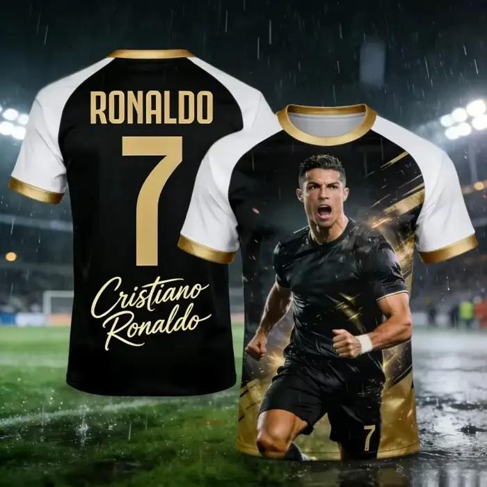Maillot de football Portugal Ronaldo n°7 noir et or, manches raglan, signature, impression 3D intégrale, respirant, streetwear, t-shirt de sport unisexe