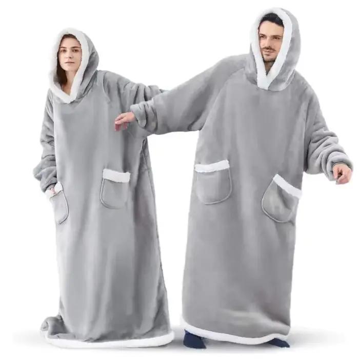 180cm Super longue flanelle couverture pyjamas avec manches hiver sweat à capuche femmes hommes pull polaire géant surdimensionné extérieur