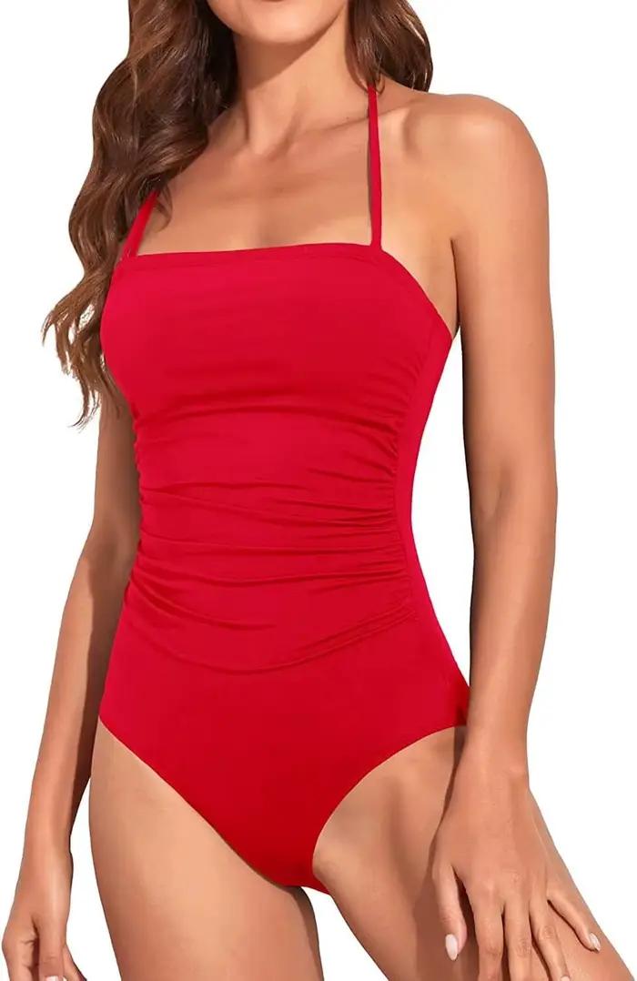 Sexy Bandeau une pièce maillot de bain 2025 femmes noir plissé minceur ventre contrôle maillots