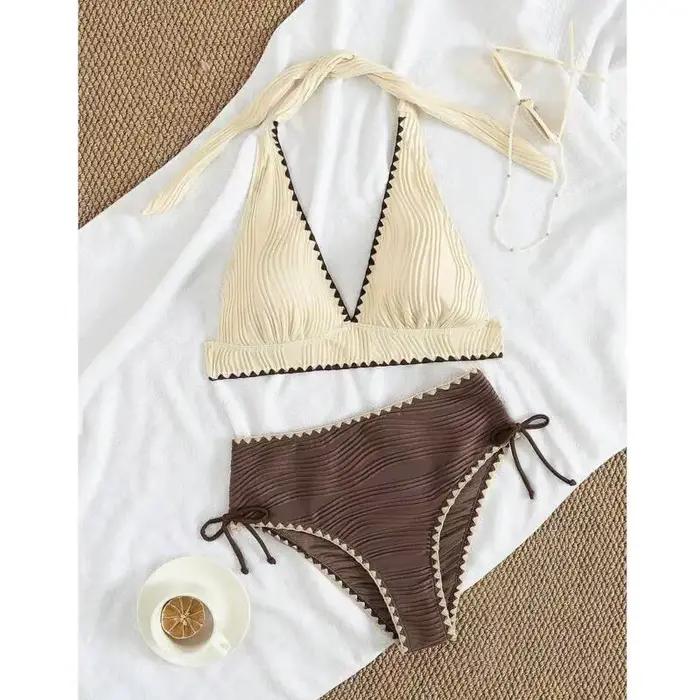 Bikini Taille Haute Femmes Maillots de Bain Plage Vacances Piscine Fête Style de Plage Col Triangulaire Nylon Élasthanne