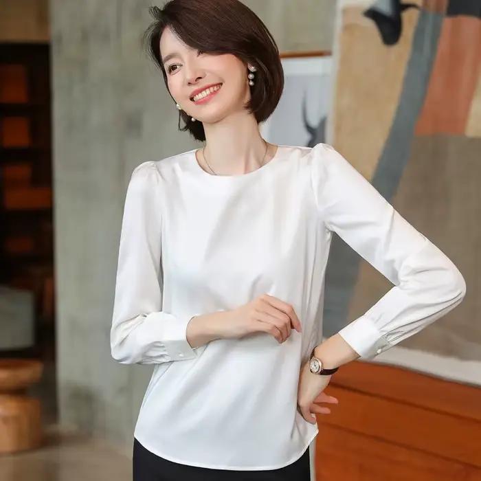 Chemise blanche à manches longues et col rond pour femme, chemisiers en mousseline de soie, bureau, travail à fond, bleu marine, nouvelle mode, printemps, 2022