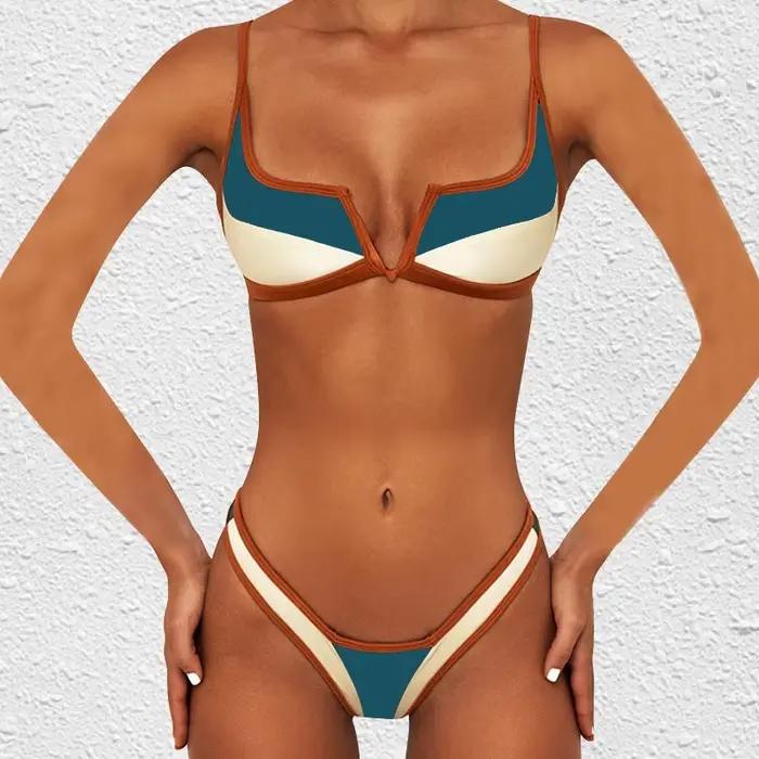 Maillot de bain sexy deux pièces pour femme, coupe haute en V, ensemble bikini