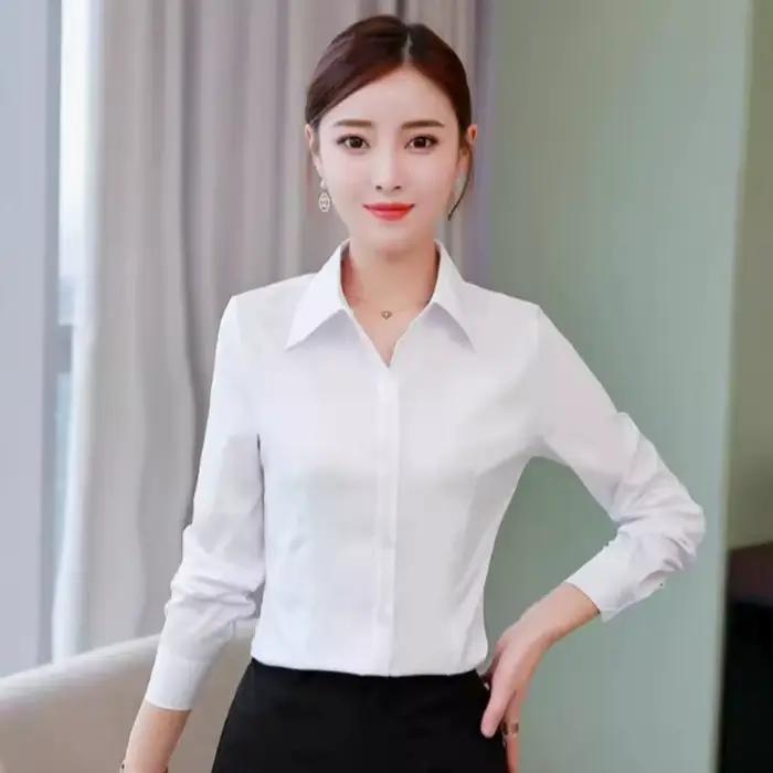 Chemisier blanc à manches longues pour femme, coupe ajustée, formel, pour le bureau, grande taille, anti-exposition, hauts professionnels