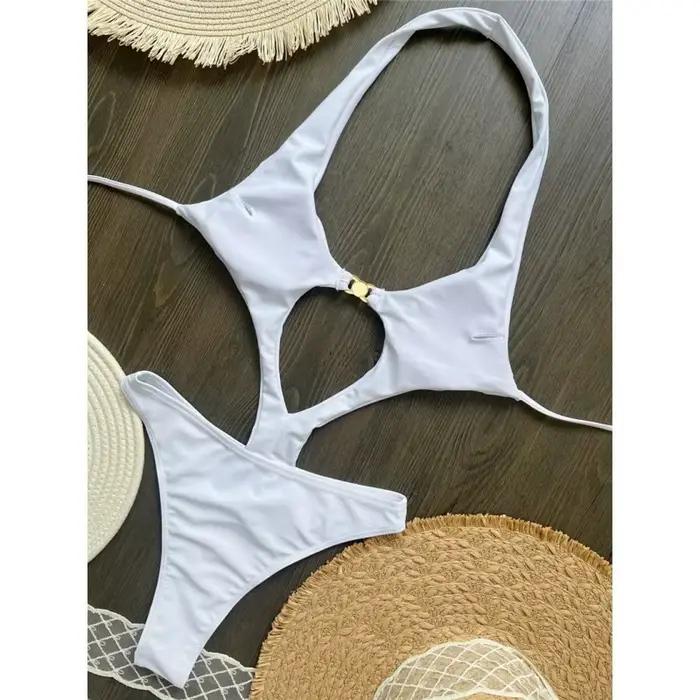 Sexy évider licou une pièce maillot de bain femmes perle métal boucle dos nu à lacets body Bikini 2025 nouveau