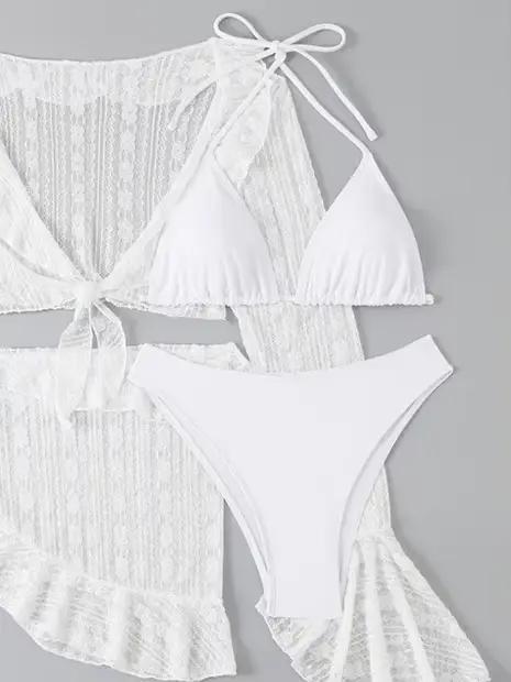 Maille Bikini quatre pièces ensemble pour femmes Lingerie Sexy à lacets Transparent hanche paquet jupe tenues 2025 été