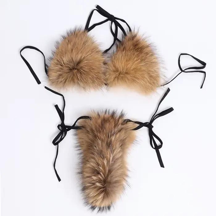 Bikini en Fourrure Naturelle pour Femme, Bikini en Vraie Fourrure de Renard