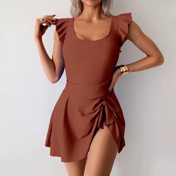 Vintage jupe noire une pièce maillot de bain ensemble femmes grande taille volants minceur plissé ventre contrôle