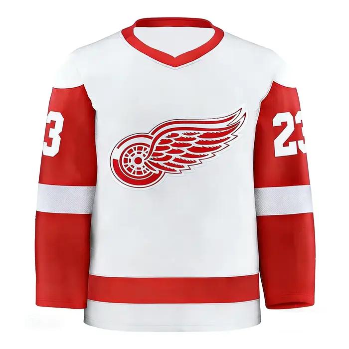 Maillot de hockey 2026 Rouge/Blanc avec l'icône emblématique de la roue ailée # Vêtements à manches longues avec 23 logos rayés pour les fans et les collectionneurs, impression 3D HD