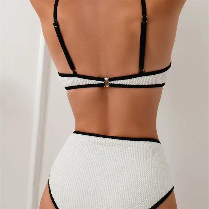 Sexy taille haute Bikini blanc maillot de bain bordure noire plage Bikinis Push Up femmes dos nu côtelé vacances