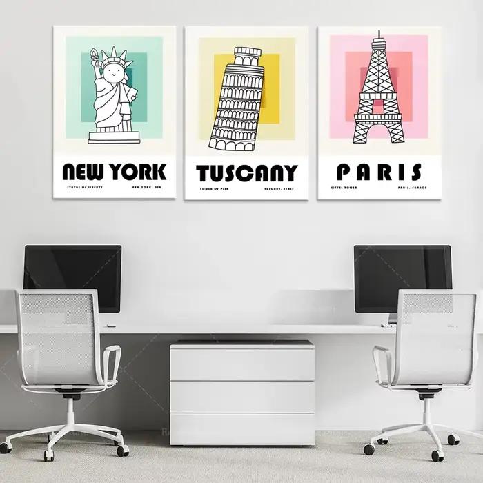 Ensemble de 3 Pièces d'Art Mural Imprimable de Voyage, Interrupteur Bloc de Couleur, Affiche d'Art Moderne, New York, Toscane