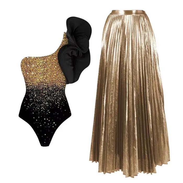Maillot de bain une pièce brillant doré et jupe pour femmes