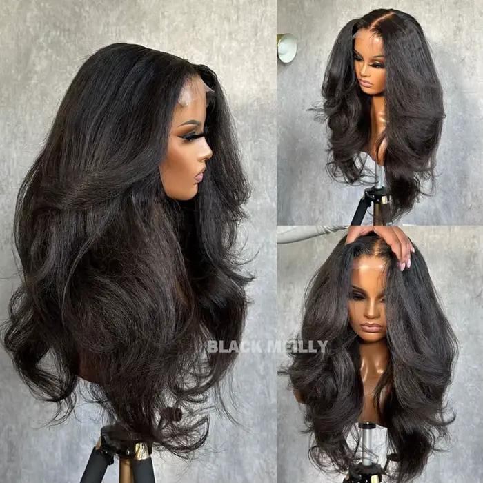 Perruque Full Lace Wig Yaki brésilienne ondulée, cheveux naturels, pre-plucked, pour femmes