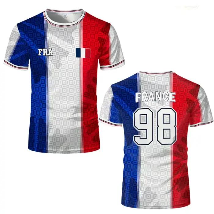 Maillot de football imprimé drapeau français, t-shirt d'été unisexe décontracté à manches courtes, pour l'entraînement sportif, respirant et à séchage rapide