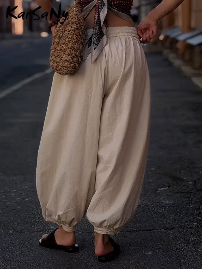 Pantalon large beige pour femme, coupe ample, style lanterne, taille élastique, décontracté, oversize, en coton, pour l'été et l'automne