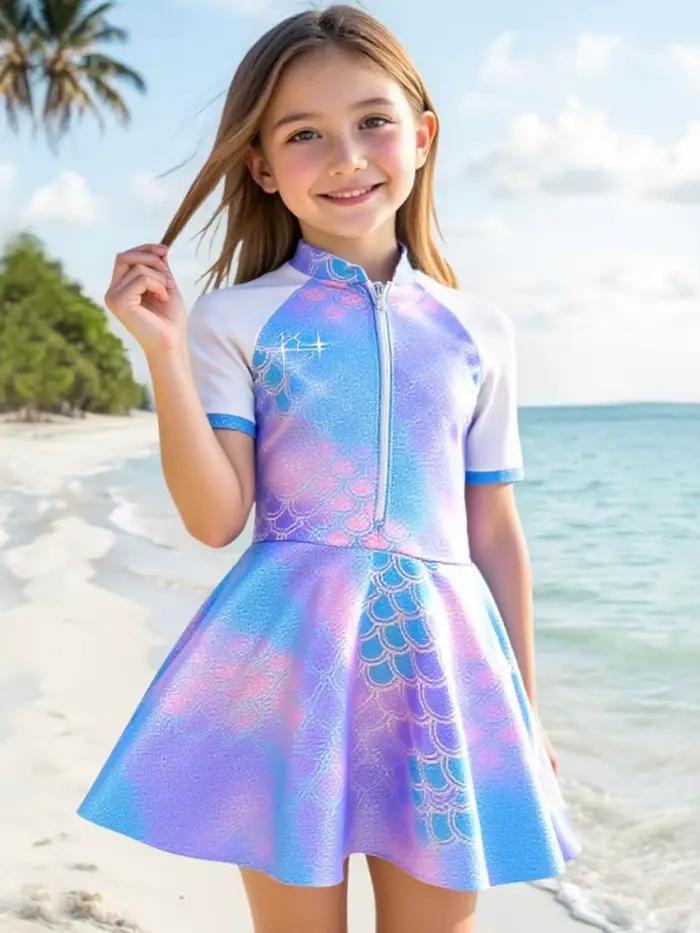 Maillot de bain deux pièces femme 2026 Nouveau imprimé sirène Robe à manches courtes