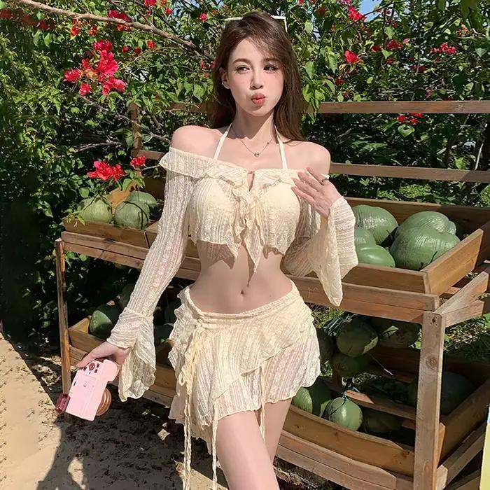 Maillot de bain bikini femme en dentelle à manches longues