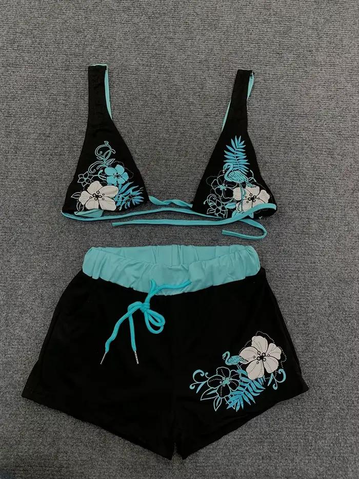 Été plage Ins mode chaude Sexy dames fendu deux pièces Bikini beau Vintage contraste fleur imprimé soutien-gorge à bretelles ensemble short et haut