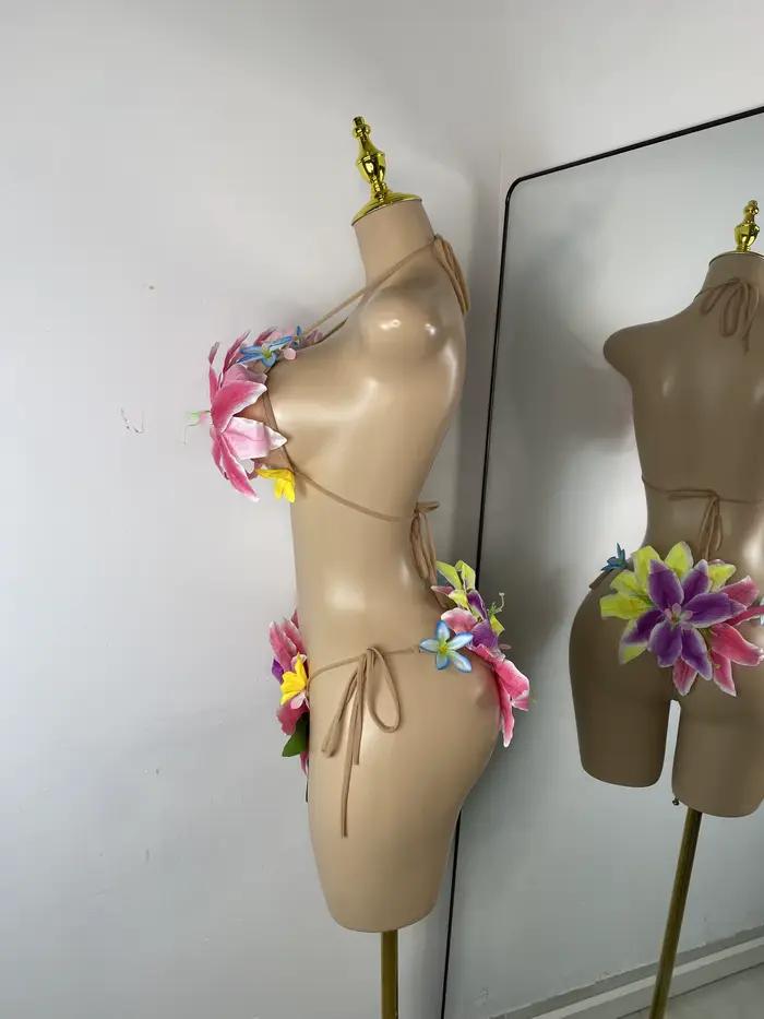Femmes Sexy Tropical à la main fleur à la mode Bikini deux pièces Transparent Floral maillot de bain tenue de plage danseur Performance Costume