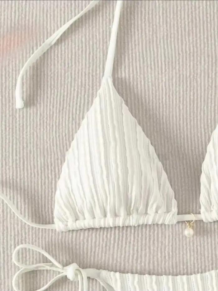 Sexy laiteux côtelé licou Micro Mini Bikini ensembles deux pièces cravate femmes string maillot de bain femme