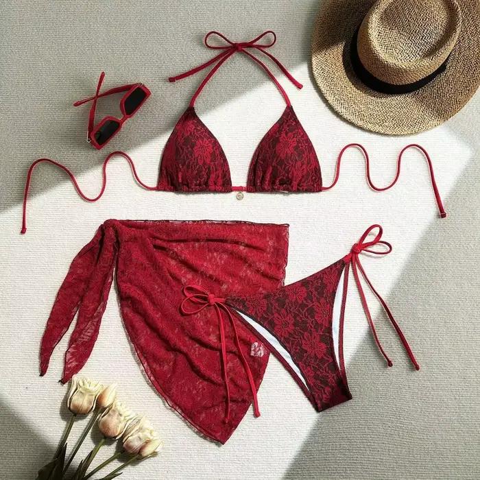 Ensemble de bikini brésilien sexy décontracté à bretelles, jupe de plage en maille, maillot de bain trois pièces en nylon, bikinis en dentelle rouge pour l'été