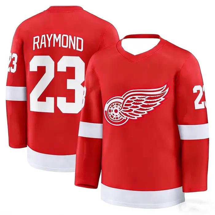 Maillot de hockey 2026 Rouge/Blanc avec l'icône emblématique de la roue ailée # Vêtements à manches longues avec 23 logos rayés pour les fans et les collectionneurs, impression 3D HD