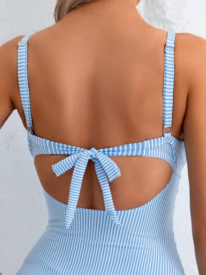 Vintage bleu ciel rayé une pièce maillot de bain 2026 femmes évider croix mince ventre contrôle maillots