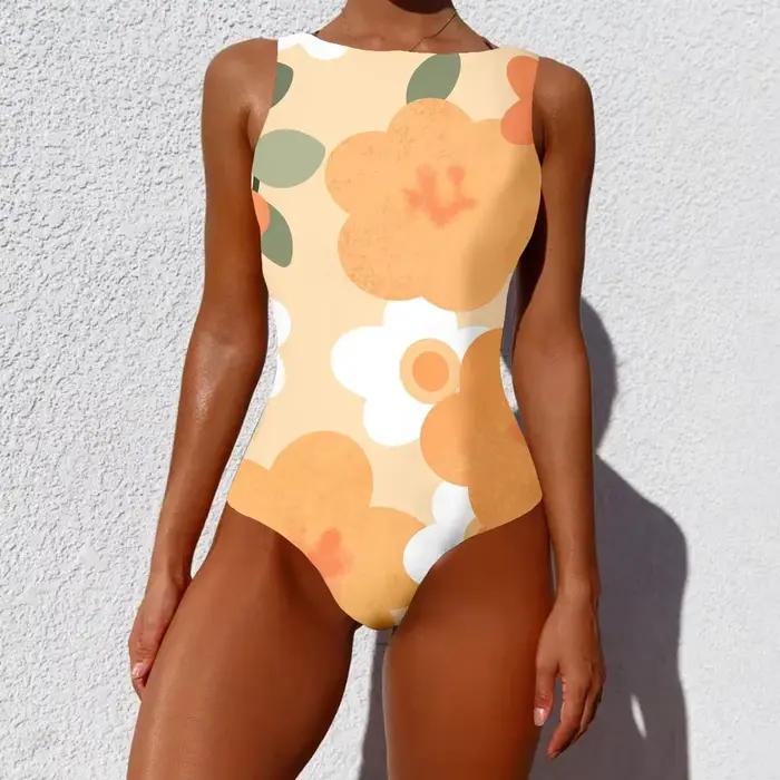 Maillot de bain une pièce coloré petites fleurs motif imprimé décontracté feuille maillots